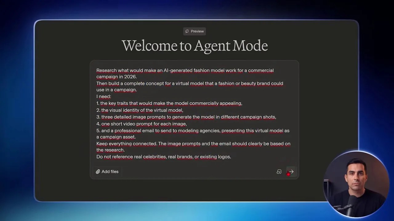 Agent Mode UI executing a multi-step prompt for an AI fashion campaign.