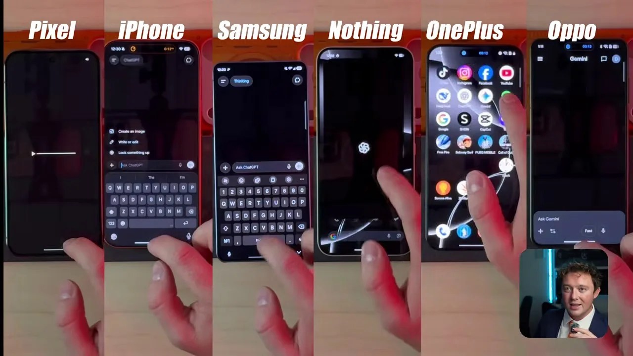 App opening speed test comparison as phones cycle through social media and game applications