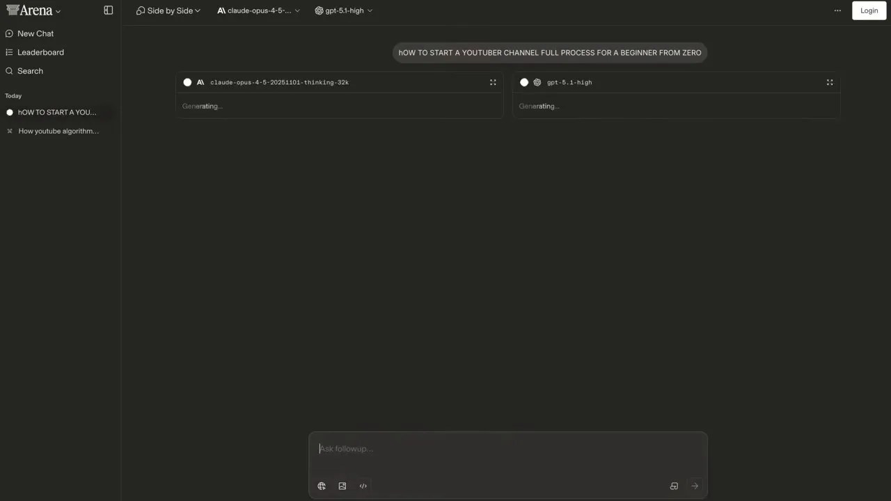 Arena AI comparison interface contrasting real-time responses from Claude 4.5 and GPT 5.1