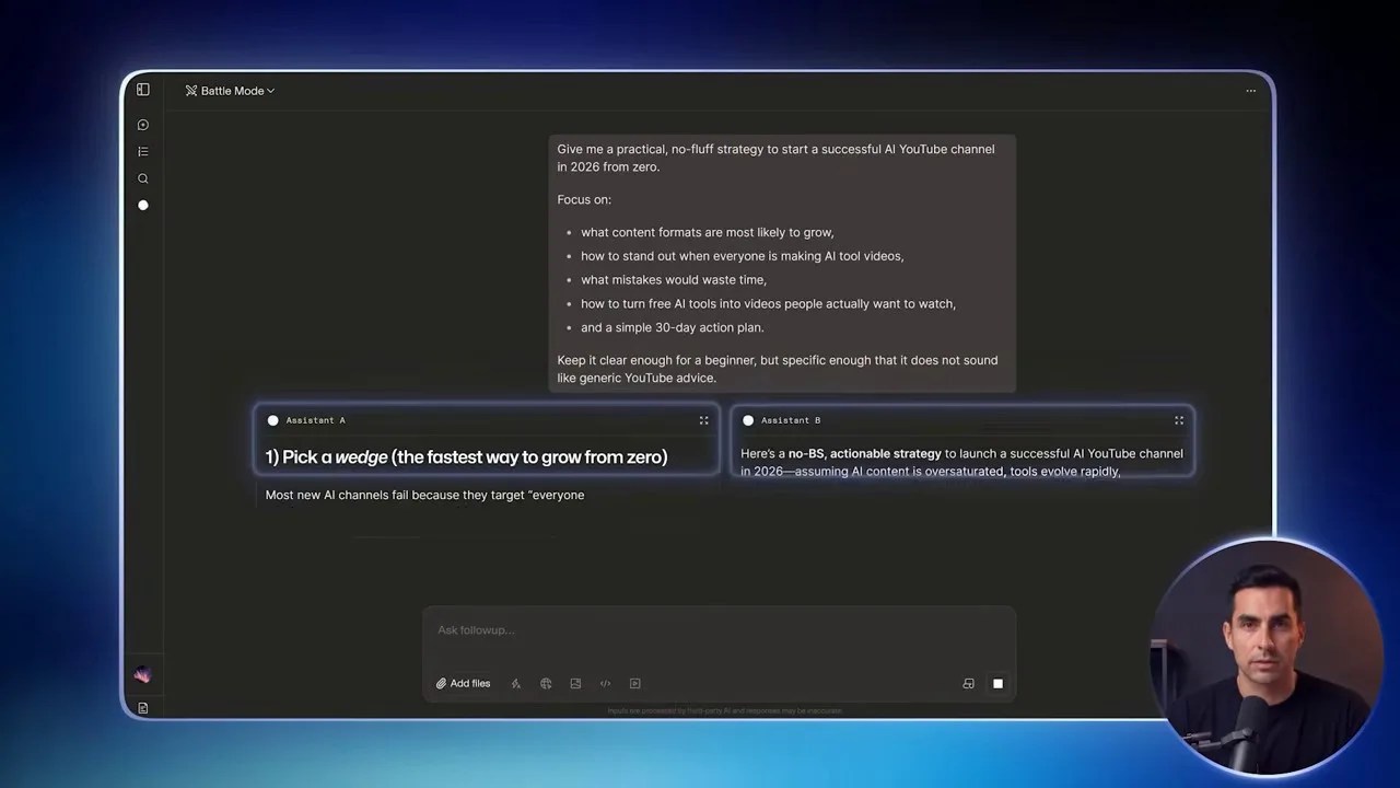 Arena Battle Mode displaying two anonymous model answers side by side.