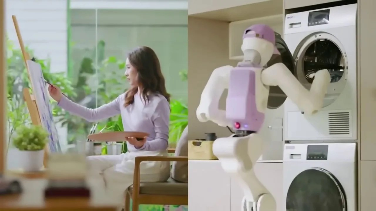 Astrobot T1 humanoid robot operating an iron on an ironing board