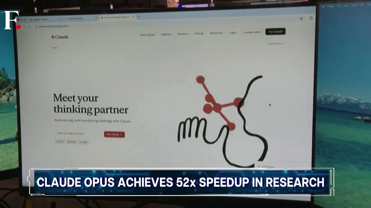 Benchmark comparison graph showing Claude Opus 4.6 achieving a 52x speedup vs. human 4x