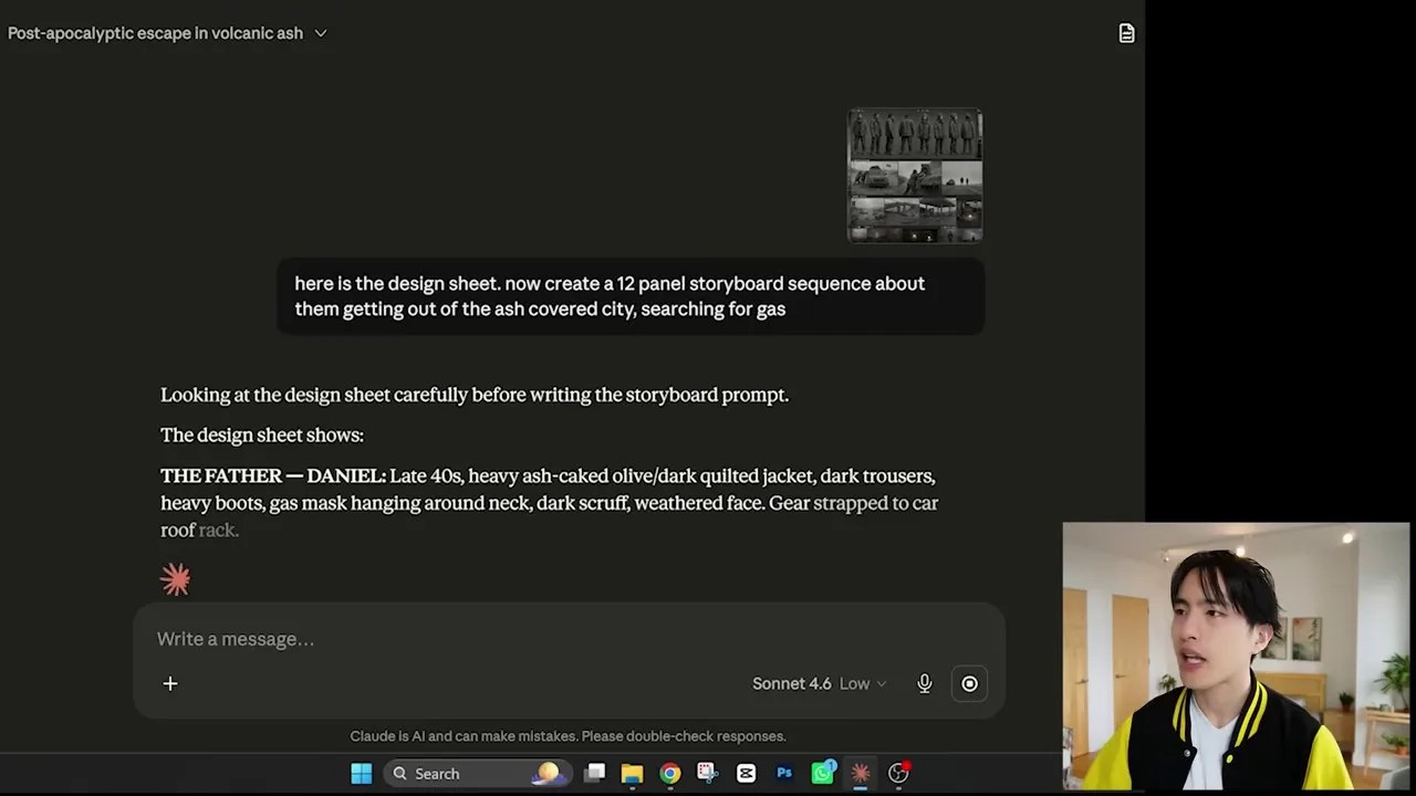 Claude AI generating the storyboard panel descriptions and storyboard prompts