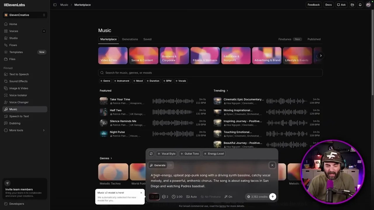 ElevenLabs Music V2 user interface with a pop-punk prompt