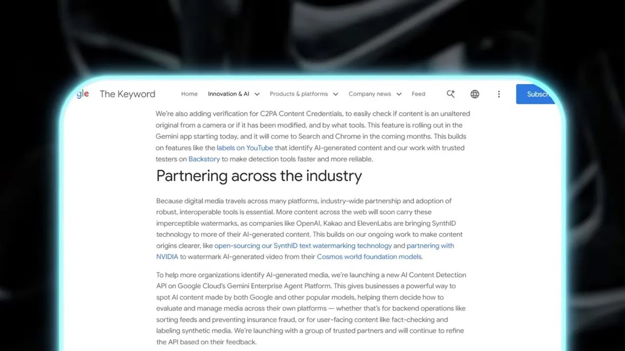 SynthID partner ecosystem slide including major tech organizations like OpenAI, ElevenLabs, and Nvidia