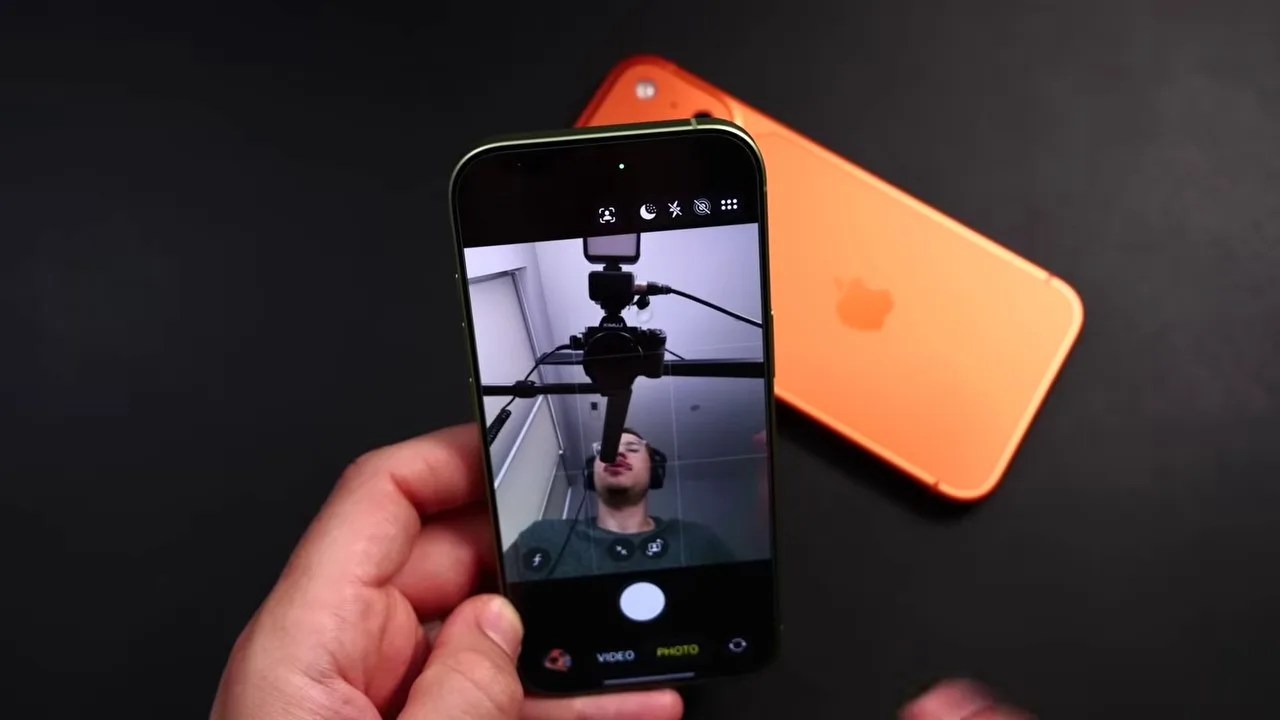 Front-facing selfie camera demonstration showing the ultra-wide framing and Center Stage