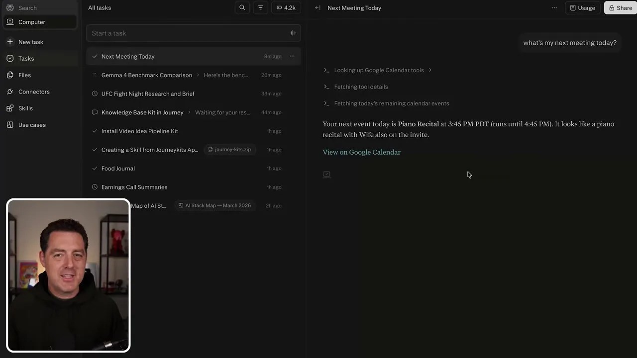 Google Calendar query response revealing upcoming events in detail