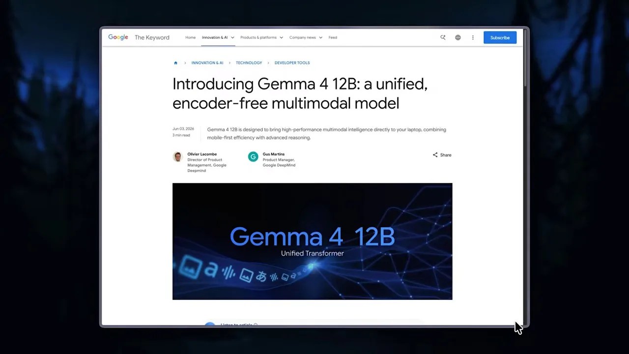 Google Gemma 4 12B Title Card showing its encoder-free architecture