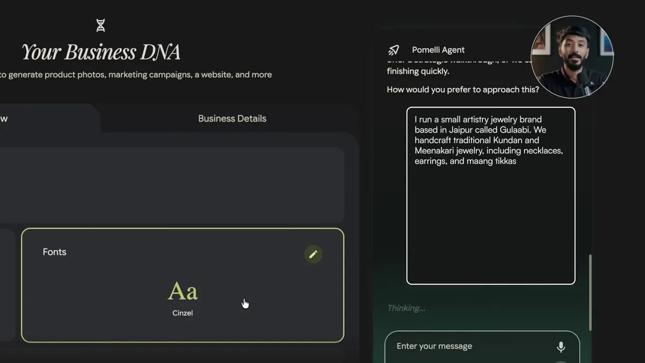 Google Pomelli AI Chat Agent assisting in building the brand DNA for Gulabi jewelry from scratch
