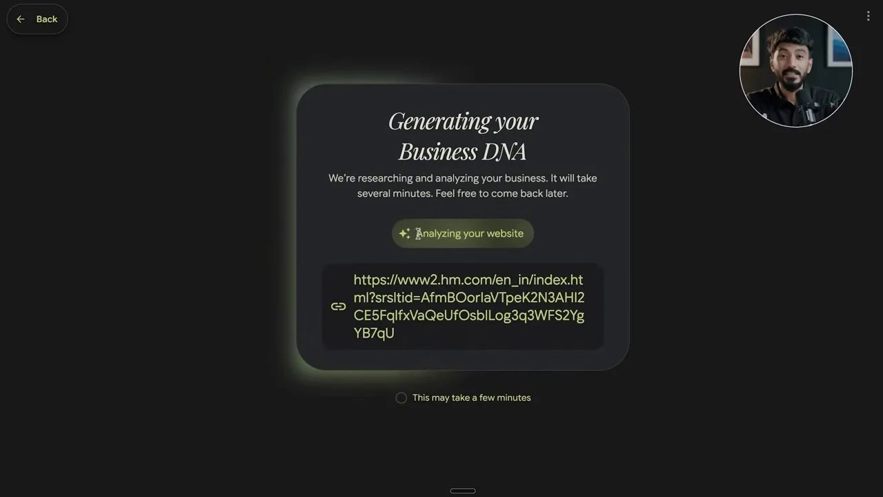 Google Pomelli AI live status screen analyzing H&M website