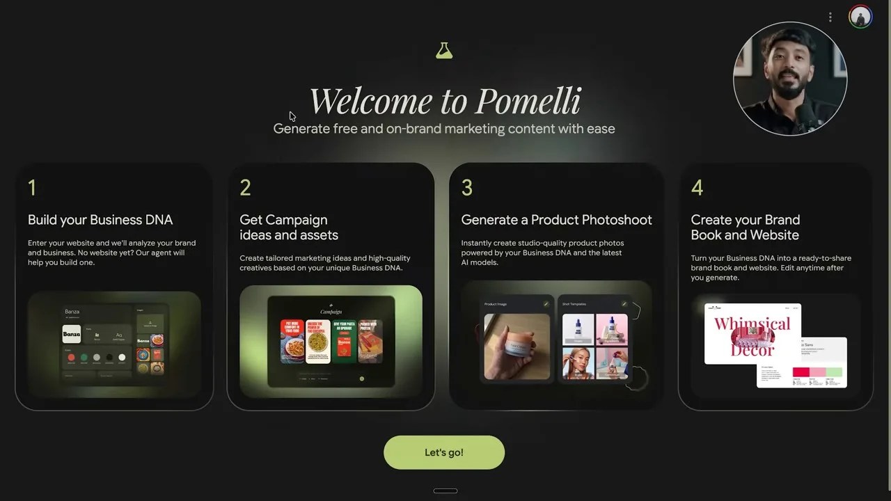 Google Pomelli AI onboarding screen showing the four core pillars of the tool