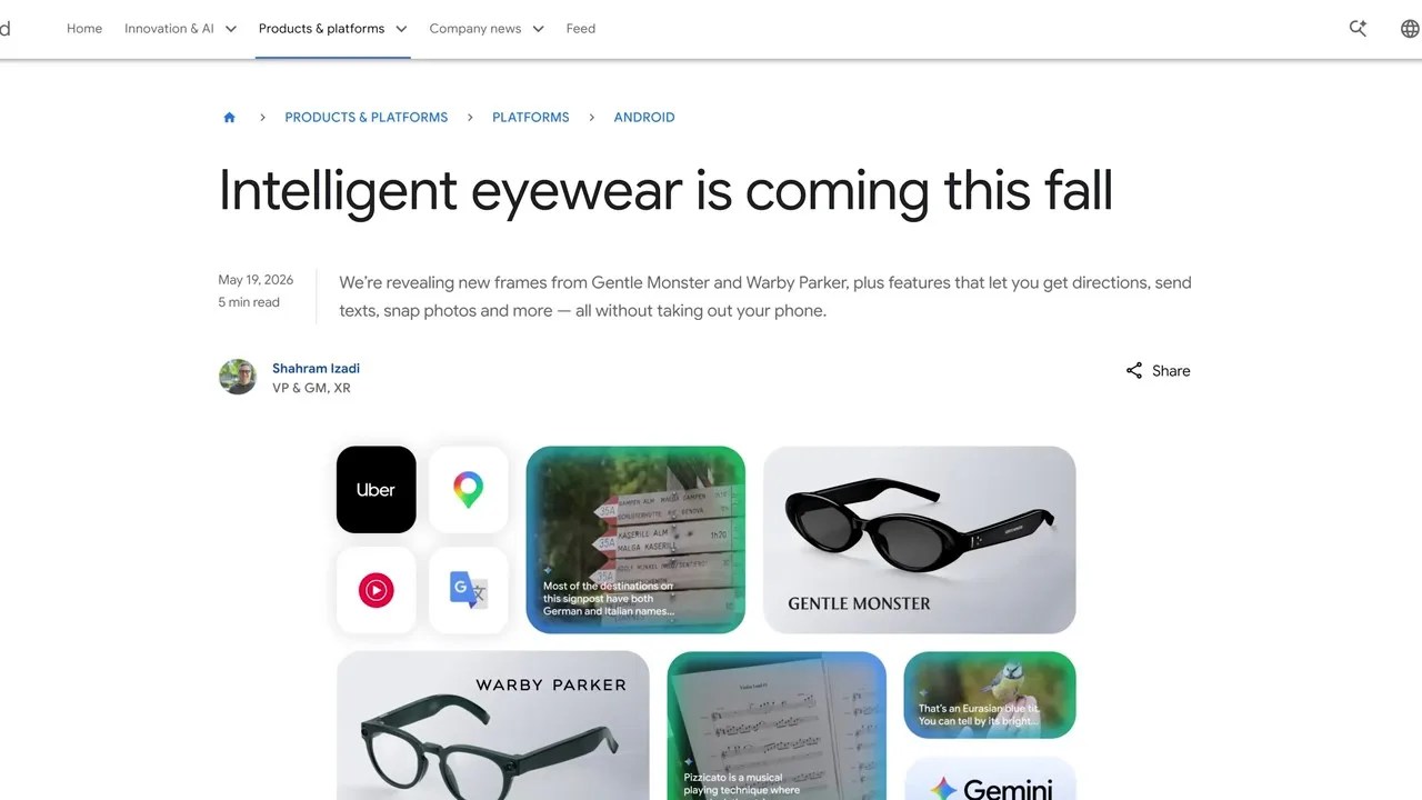 Google's Project Aura smart glasses design in partnership with Warby Parker and Gentle Monster