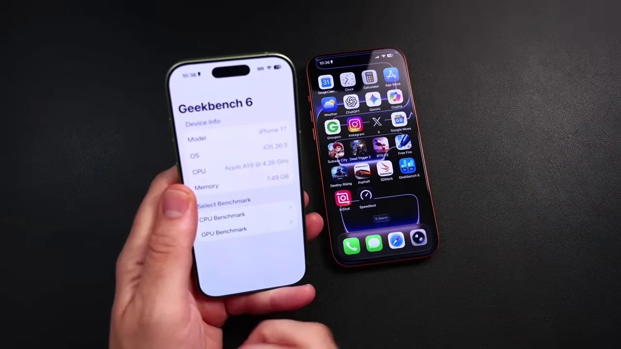 Graphics card/slide comparing RAM specifications (8GB on iPhone 17 vs 12GB on Pro Max)