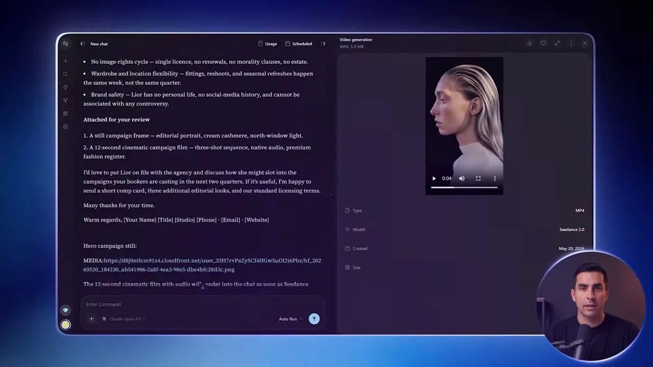 Higsfield running an agent workflow to generate video and audio from images.