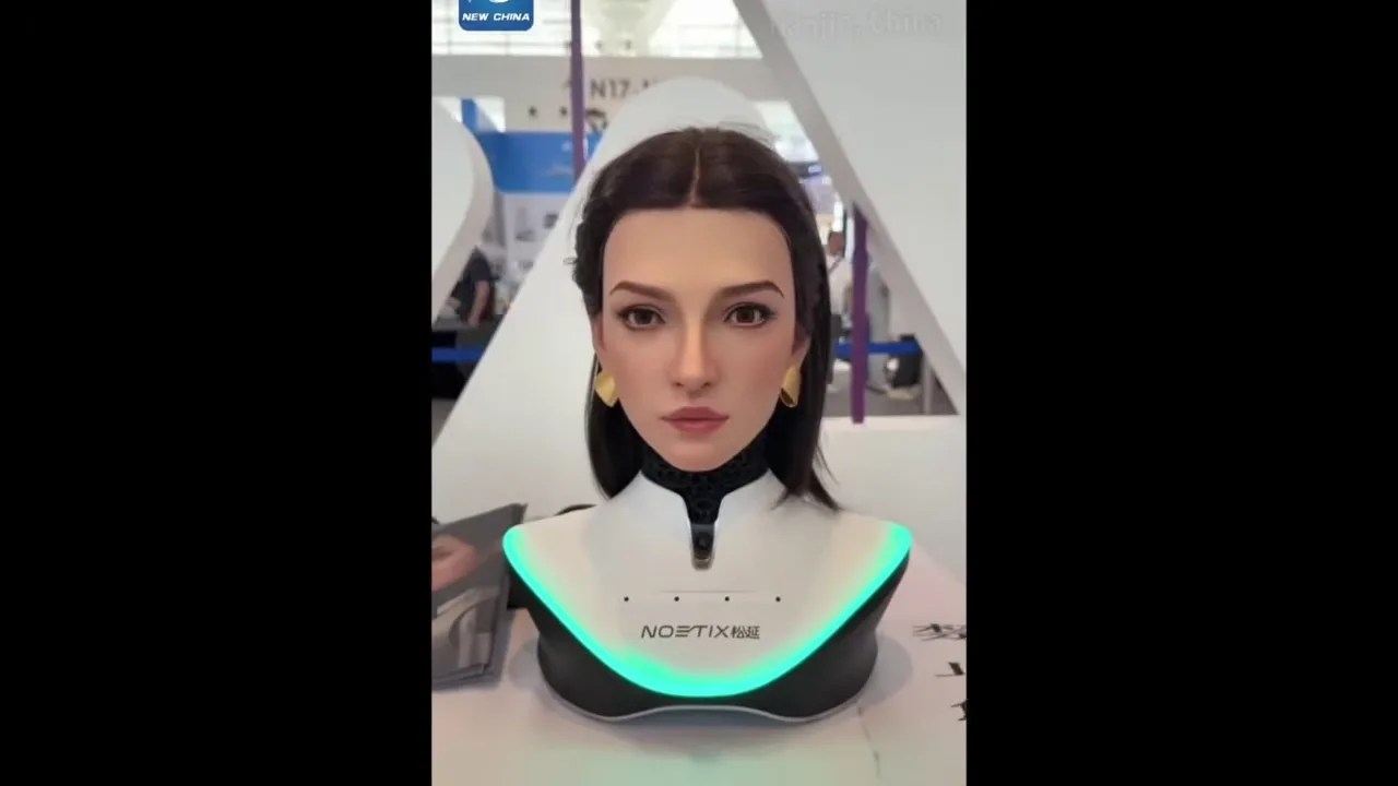 Hyper-realistic humanoid robots displayed at the World Intelligence Expo