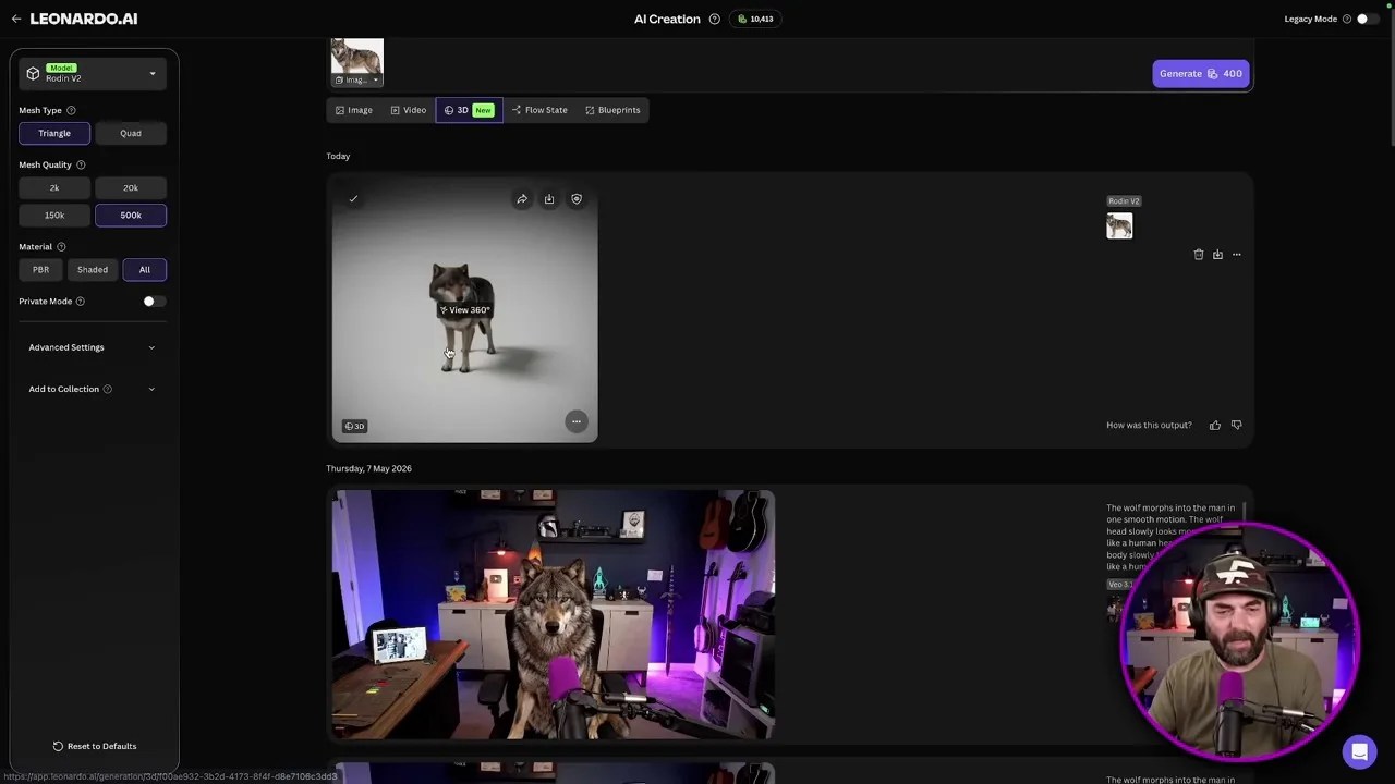 Leonardo AI 3D wolf model generated from blueprint references