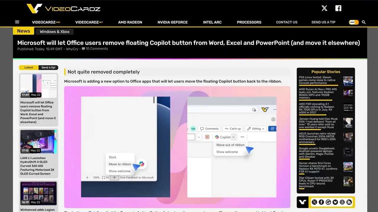 Microsoft Copilot floating button obstructing Excel and Word interface elements