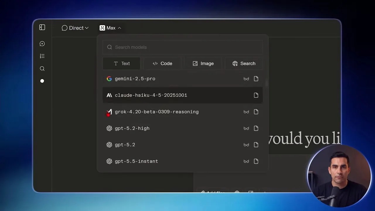 Model selector dropdown menu showing various text and image AI models.