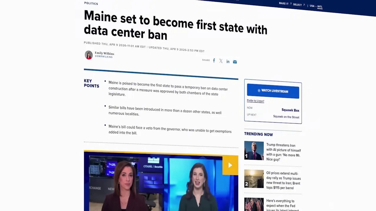 News headlines and maps representing Maine's statewide ban on data center construction and protests elsewhere