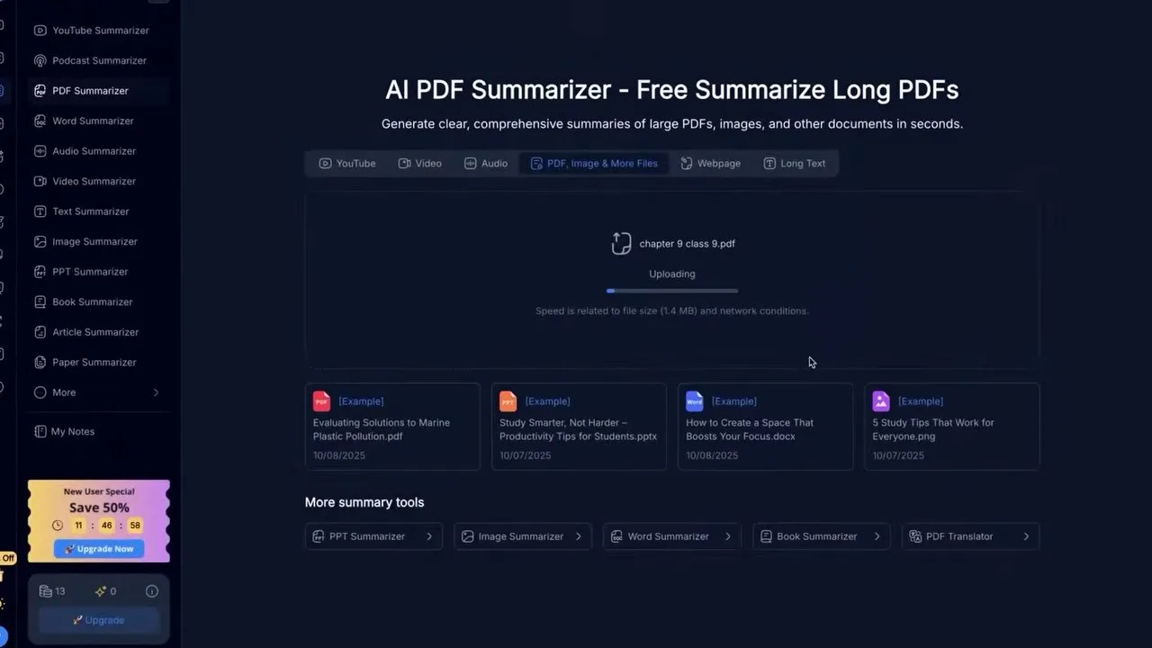 NoteGPT AI Summarizer interface with an uploaded PDF document condensed into one page