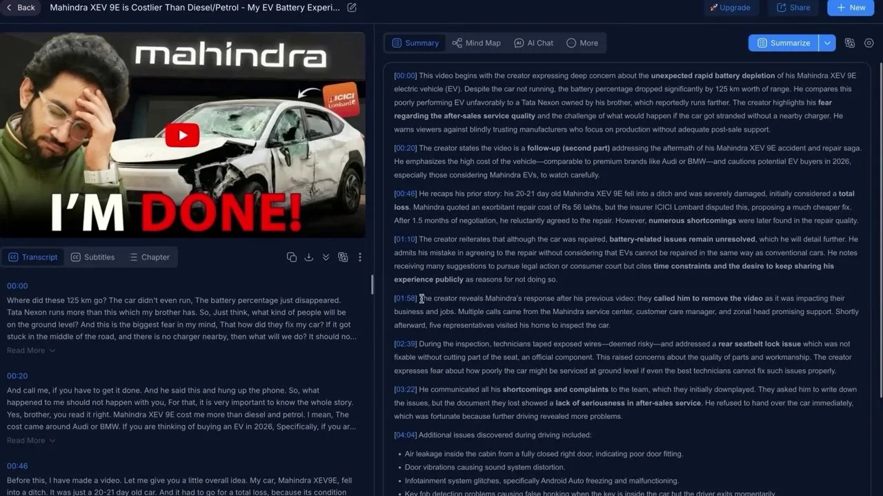 NoteGPT dashboard showing a YouTube video summary and mind map generation