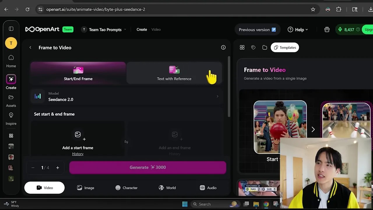 OpenArt video creation page with Seadance 2.0 selected as the video model