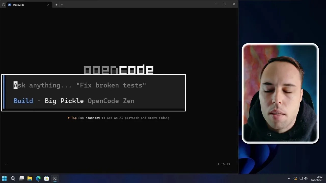 Opencode command interface showing the active BigPickle AI model configuration
