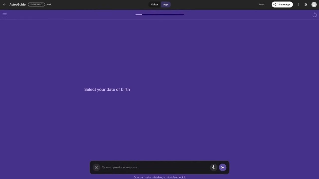 Opple app builder UI showing the workflow and live simulation of a personalized horoscope app
