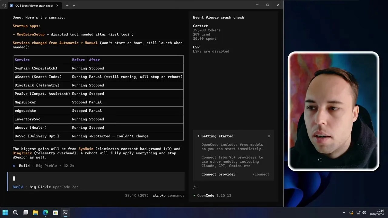 PowerShell command summary detailing disabled startup programs and system services