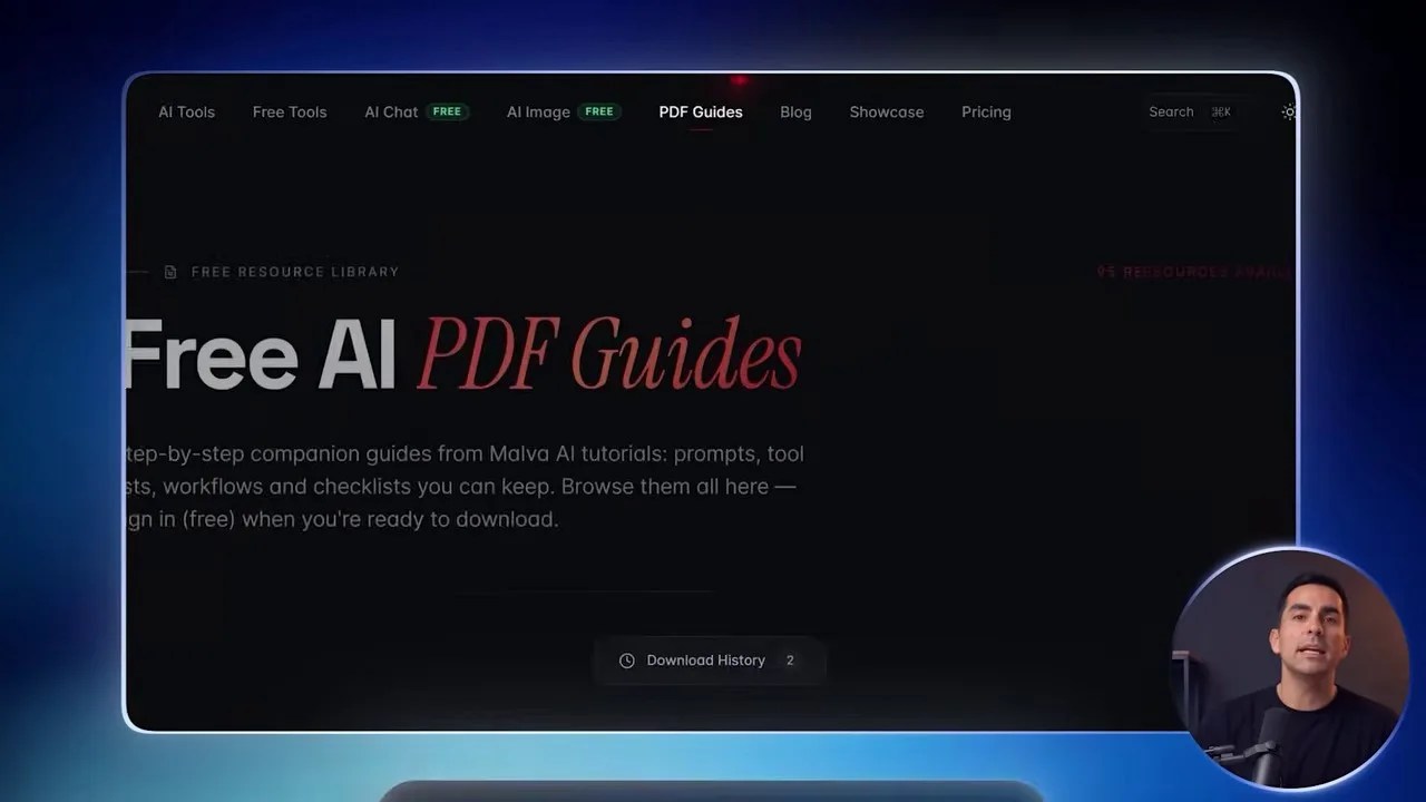 Resource website displaying downloadable PDF guides, free AI chat, and image generation tools.