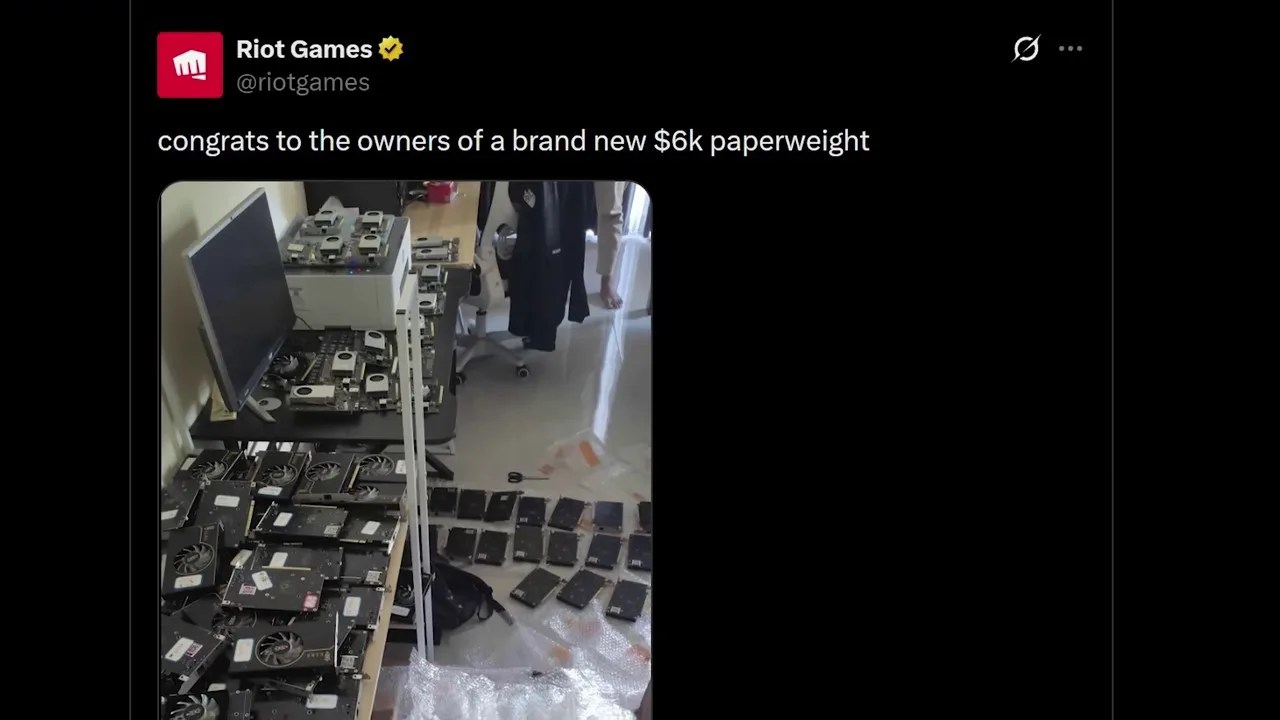 Riot Games Twitter post mocking a banned cheater with a 6000 dollar paperweight remark