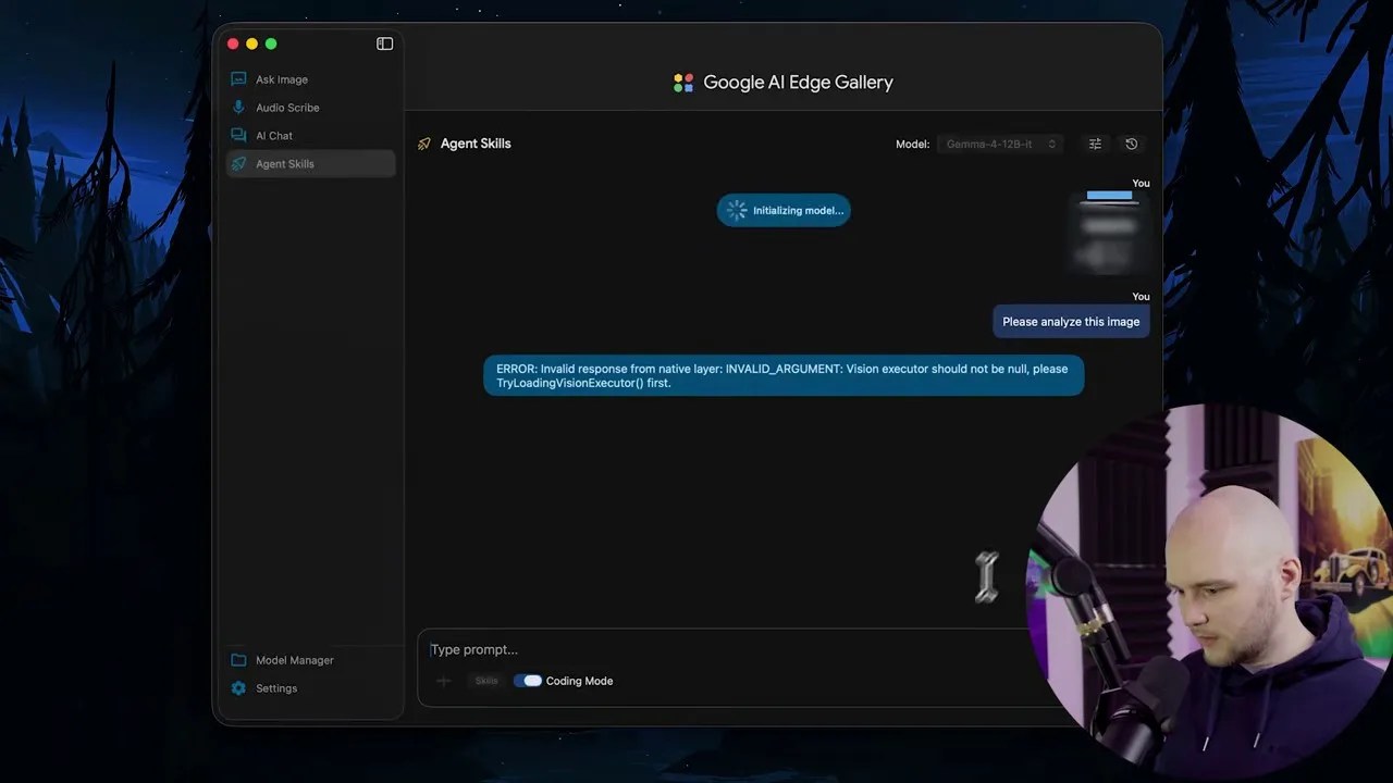 Screen recording showing the error occurring inside Google's official AI Edge Gallery application