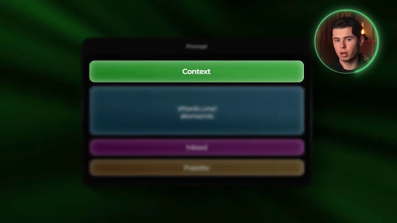Screencast slide explaining the prompt framework: slide context, elements, mood, and palette.