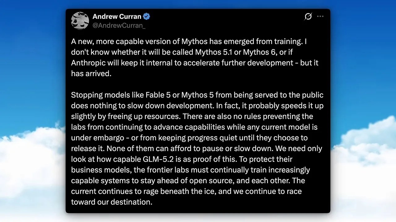 Screenshot of the leak source post by Curran discussing the capabilities of the unreleased Mythos variant
