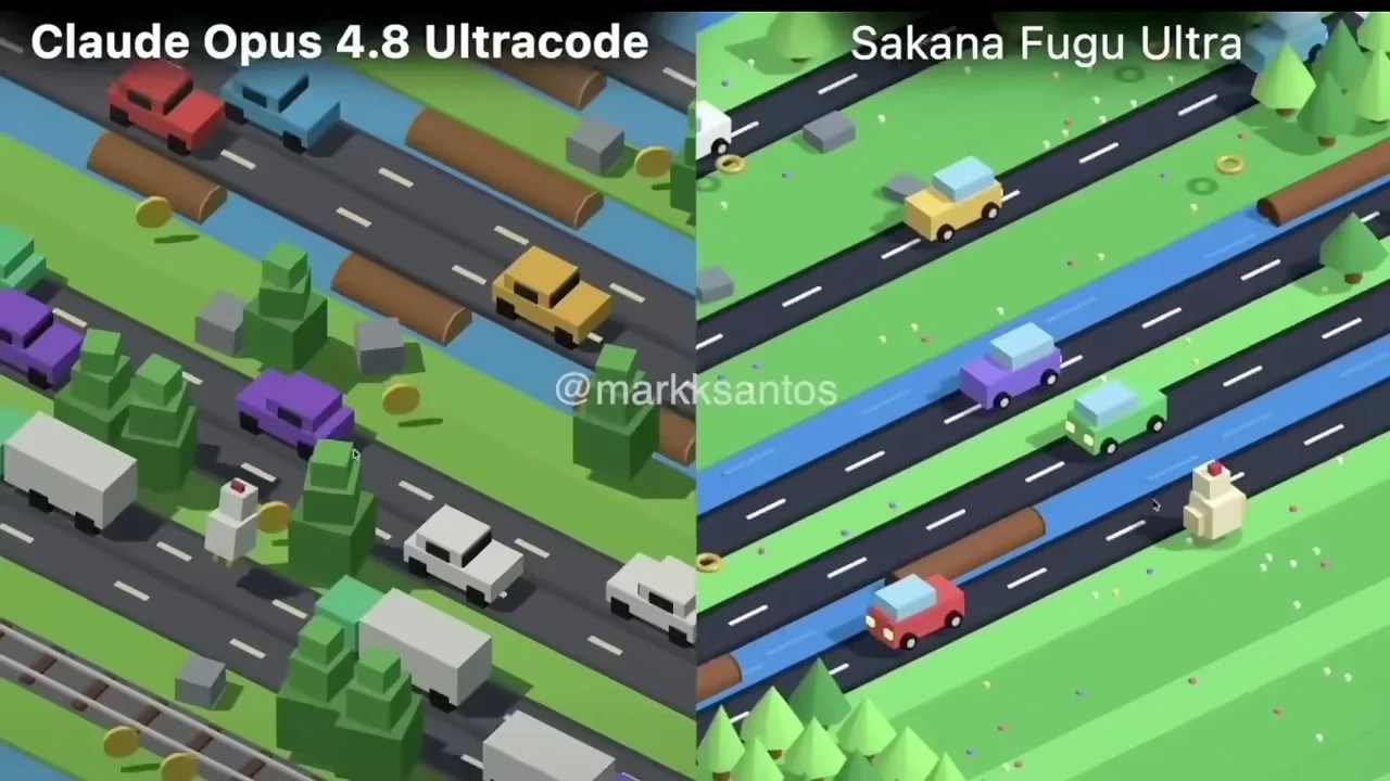 Side-by-side gameplay comparison of the 3JS Crossy Road game generated by Claude Opus and Sakana Fugu Ultra
