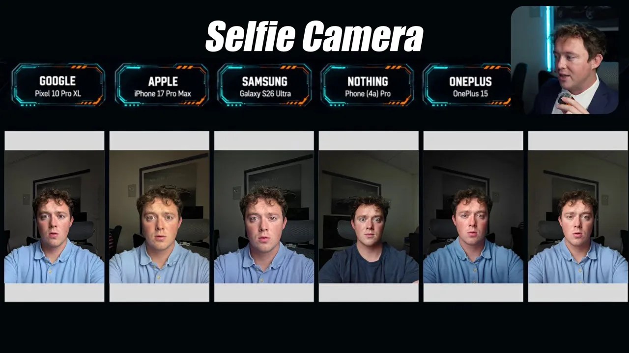 Side-by-side selfie camera photo comparison under controlled lighting