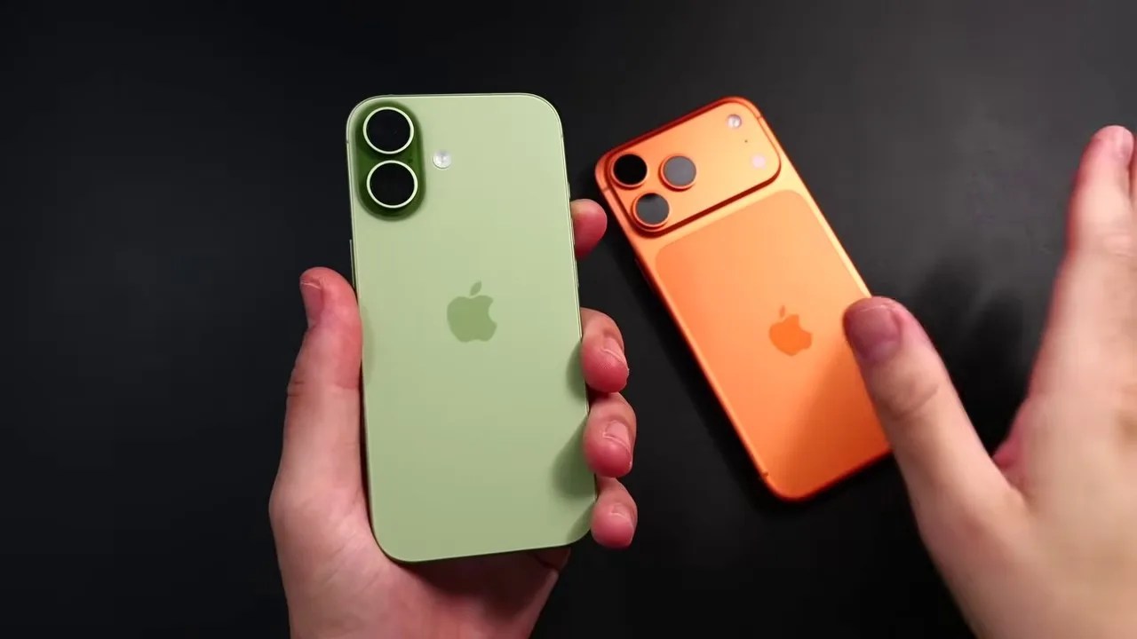 Side-by-side show of the iPhone 17 and iPhone 17 Pro Max in hand, highlighting colors