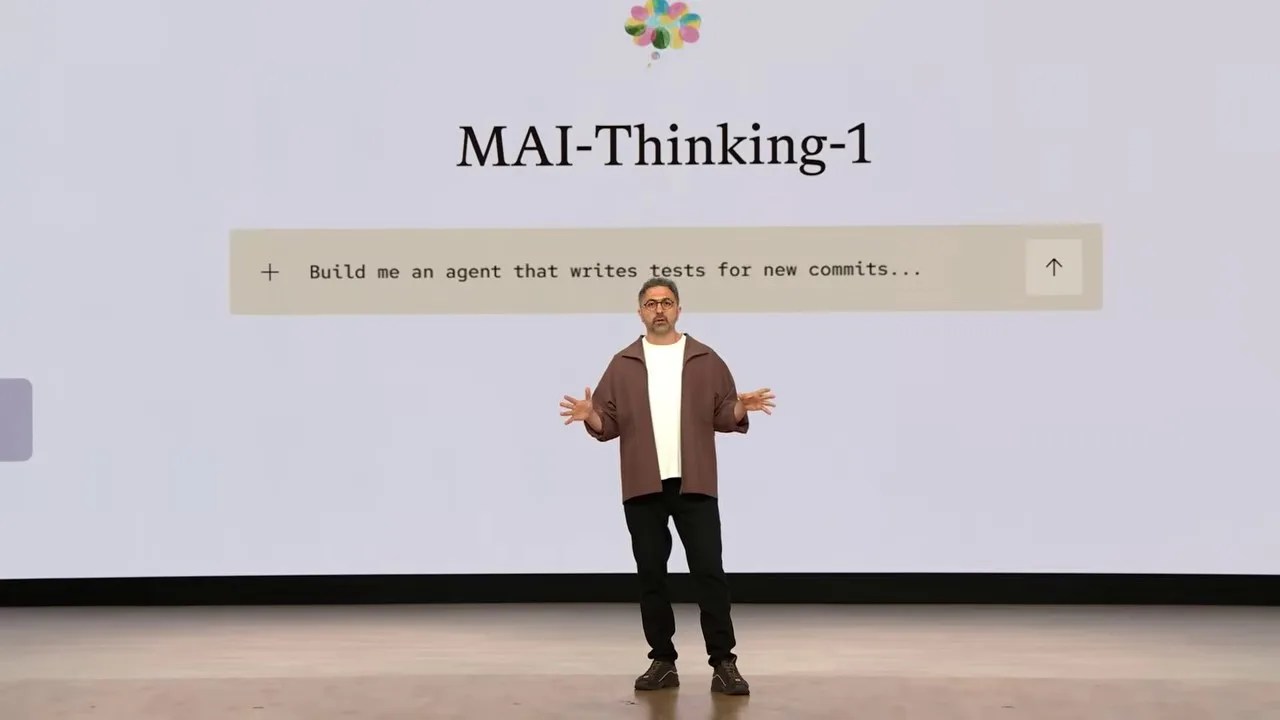Slide displaying MAI Thinking 1 specs and its impressive 53% score on SWE Bench Pro