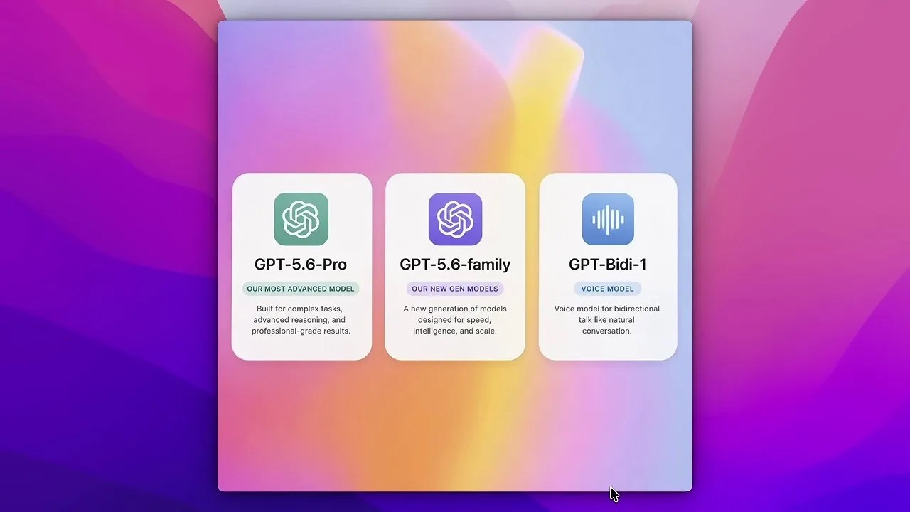 Slide summarizing GPT-5.6 Pro's front-end design capabilities and the new 'BD' voice model