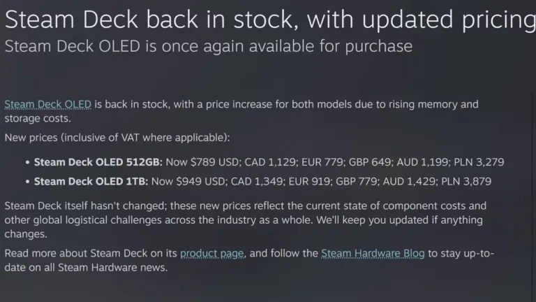 Steam Deck OLED price comparison showing the 512GB and 1TB tier pricing