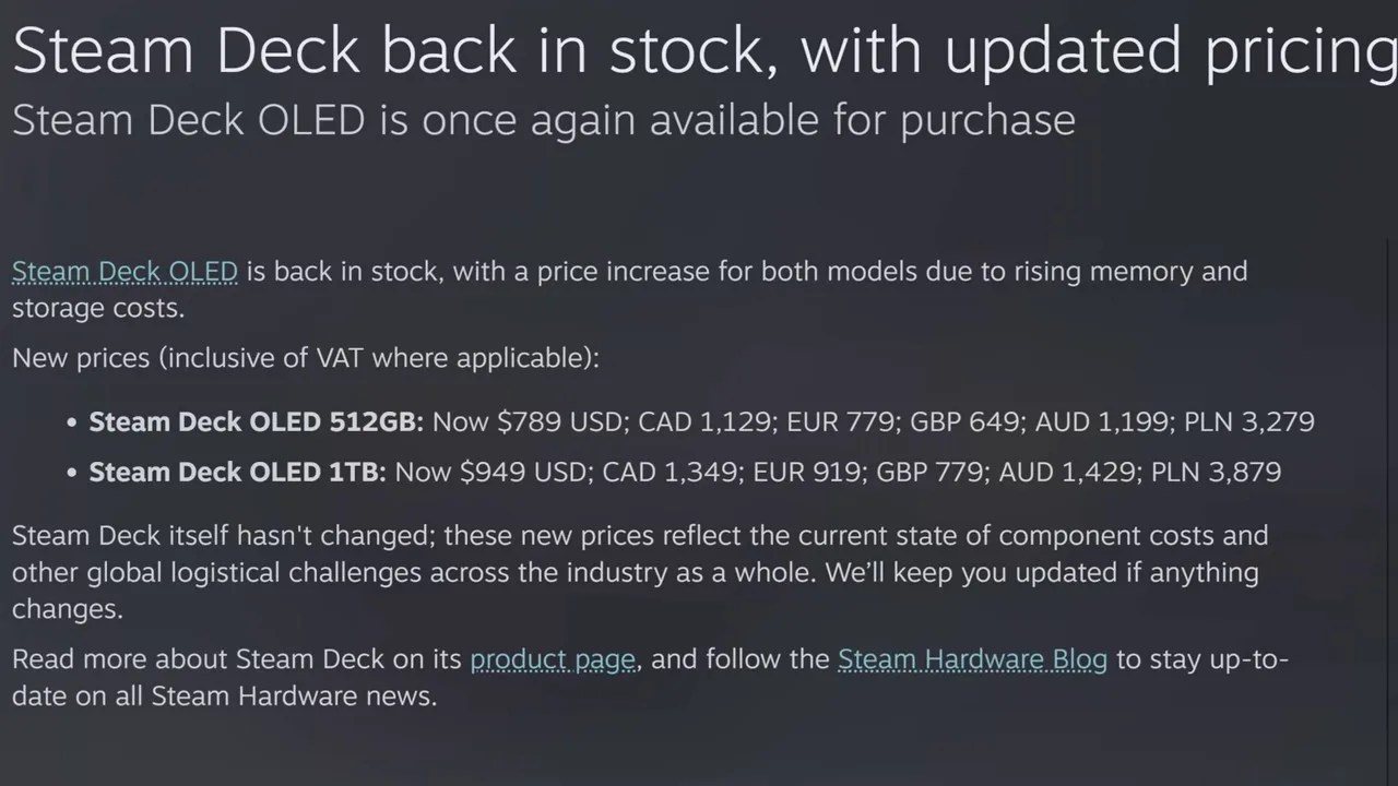 Steam Deck OLED price comparison showing the 512GB and 1TB tier pricing