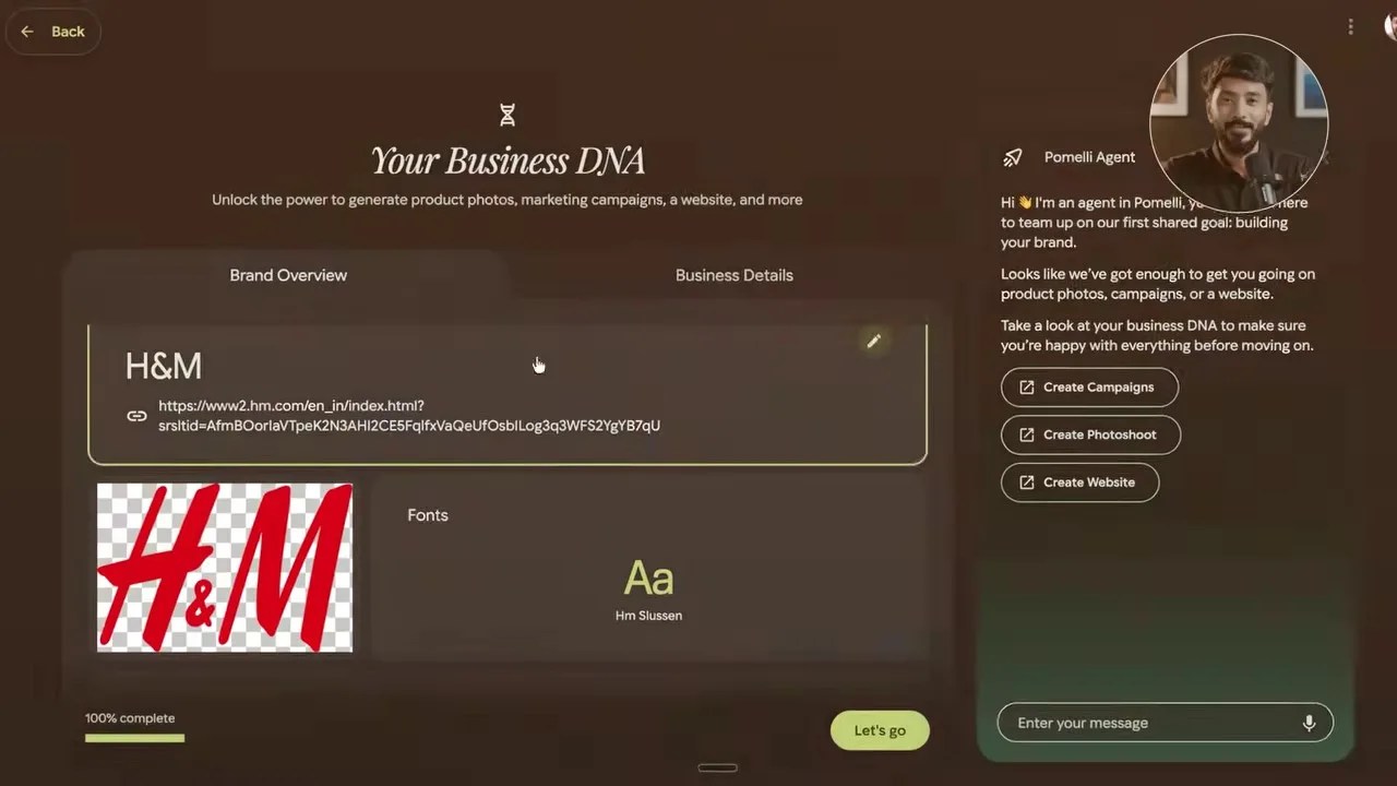 The Business DNA Dashboard in Google Pomelli AI displaying H&M's brand assets