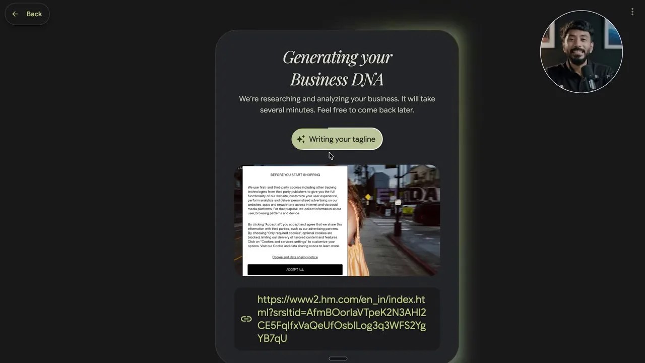 The completed Business DNA dashboard showcasing H&M's logo, colors, fonts, and core brand values