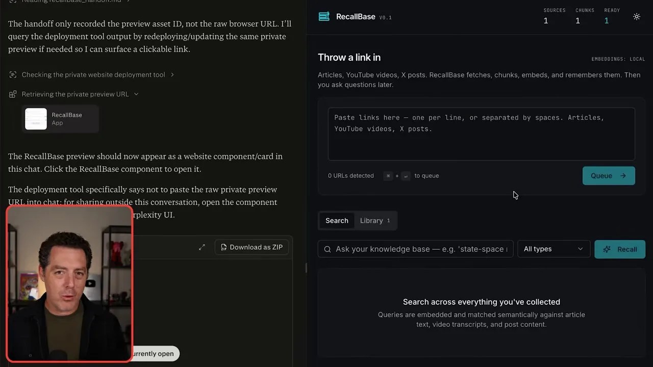 The completed frontend link ingestion web application layout built by the AI