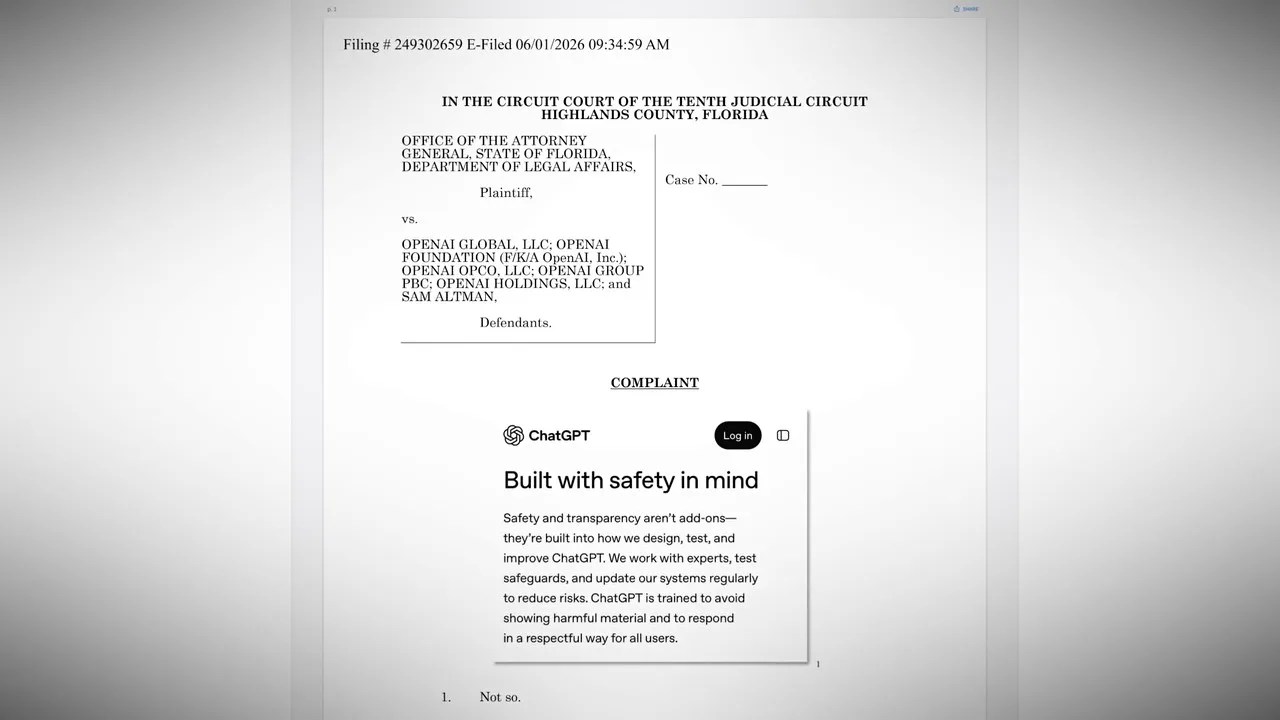 The cover page of Florida's 83-page lawsuit against OpenAI and Sam Altman