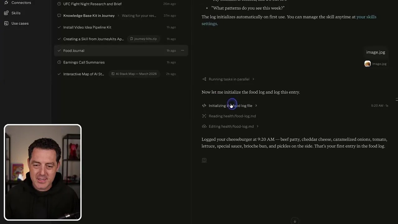 The output entry detailing food items, ingredients, and time logs