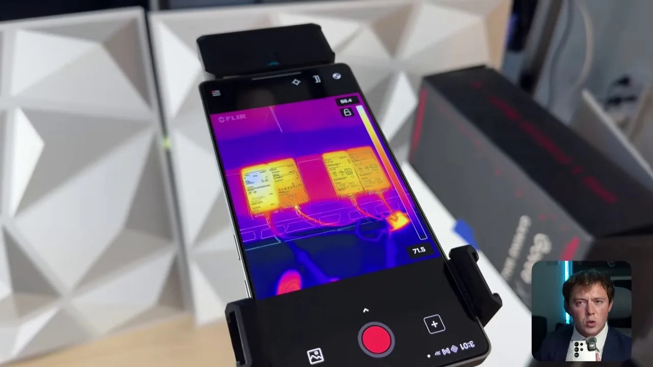 Thermal camera imagery highlighting the heat levels of the charging phones