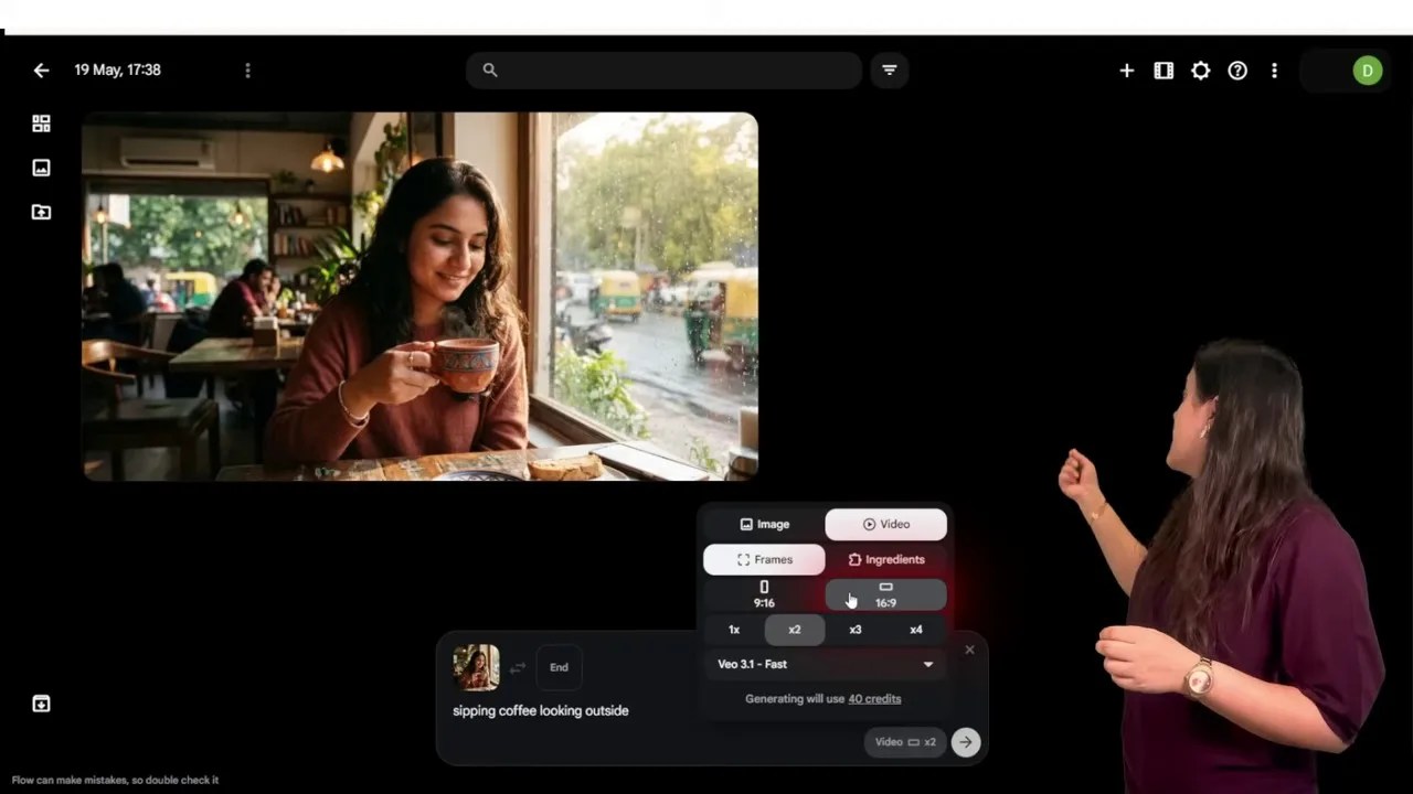 UI demonstration of typing the prompt and choosing the 16:9 aspect ratio