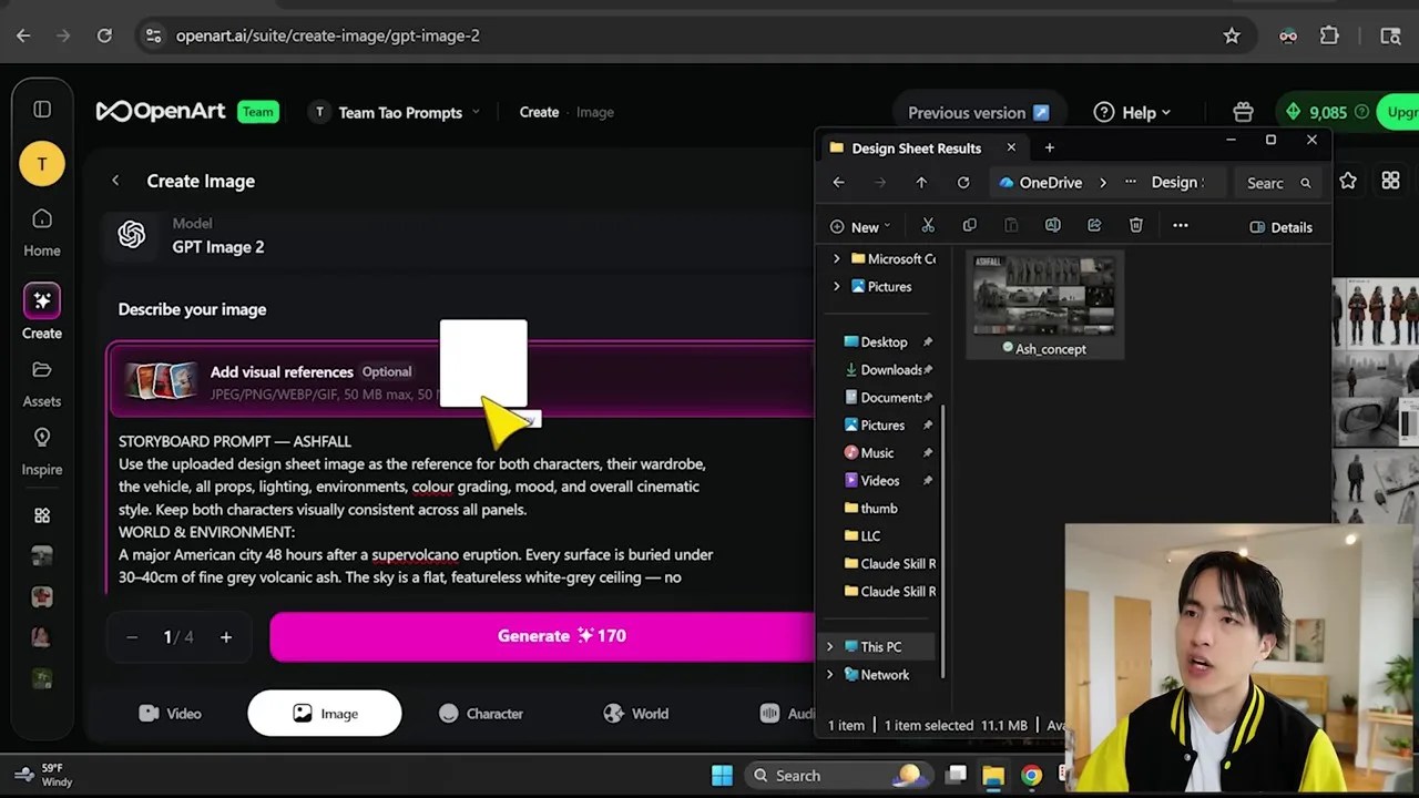 Using a design sheet as a visual reference alongside the storyboard prompt in OpenArt
