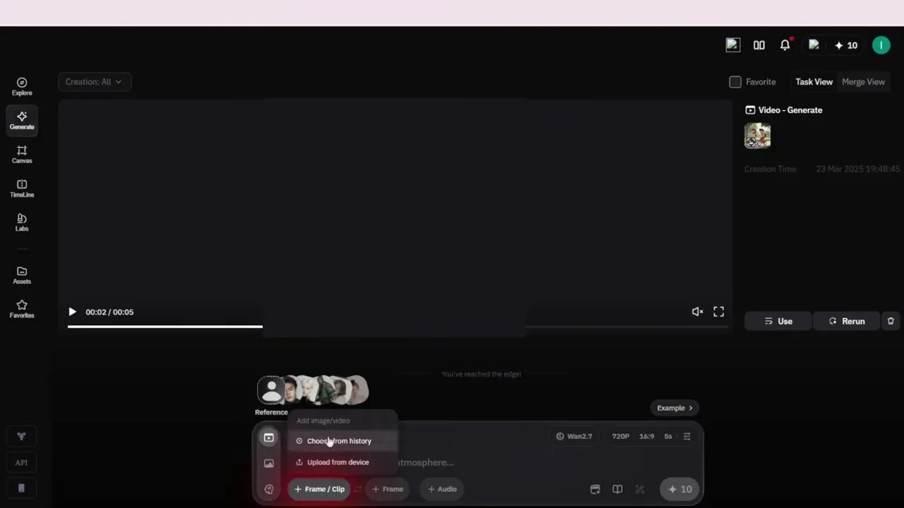 Vana.video dashboard showing credit checks and the toggle option for free generation